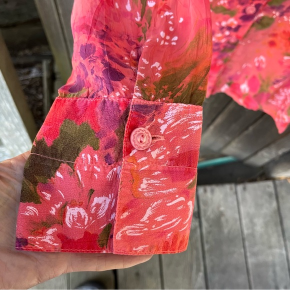 Tianello Taipei 100% Rayon Mandarin Collar Button Down Blouse Pink & Red Sz XS - Picture 4 of 11